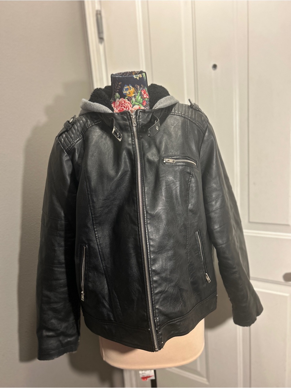 Sebby Collection Black Faux Leather/fur Jacket 3X Plus Size Hooded Moto Coat